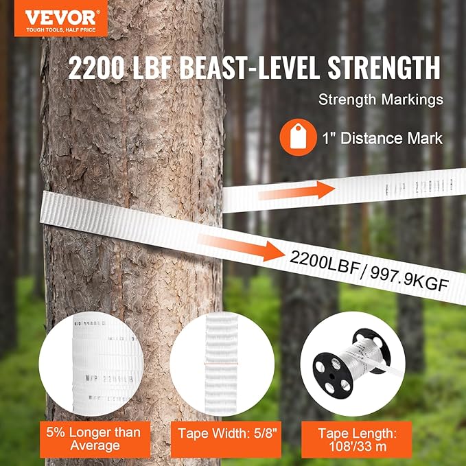 VEVOR Polyester Pull Tape, 5/8" x 108' Mule Tape Flat Rope, 2200 lbf Tensile Capacity, Printed Webbing Cable Pulling Tape for Packaging, Gardening, Commercial Electrical, Conduit Work, White