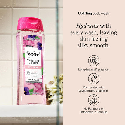 Suave Moisturizing Body Wash, with Sweet Pea Violet and Vitamin E Extract, No Parabens, No Phtahaltes, 18 Fl Oz (Pack of 2)