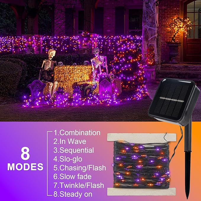 kemooie 2 Pack Total 200 LED Solar Halloween Lights, 8 Twinkle Modes Upgraded Solar Powered Fairy Lights, for Outdoor, Garden, Balcony Party Halloween Decorations (Purple and Orange)