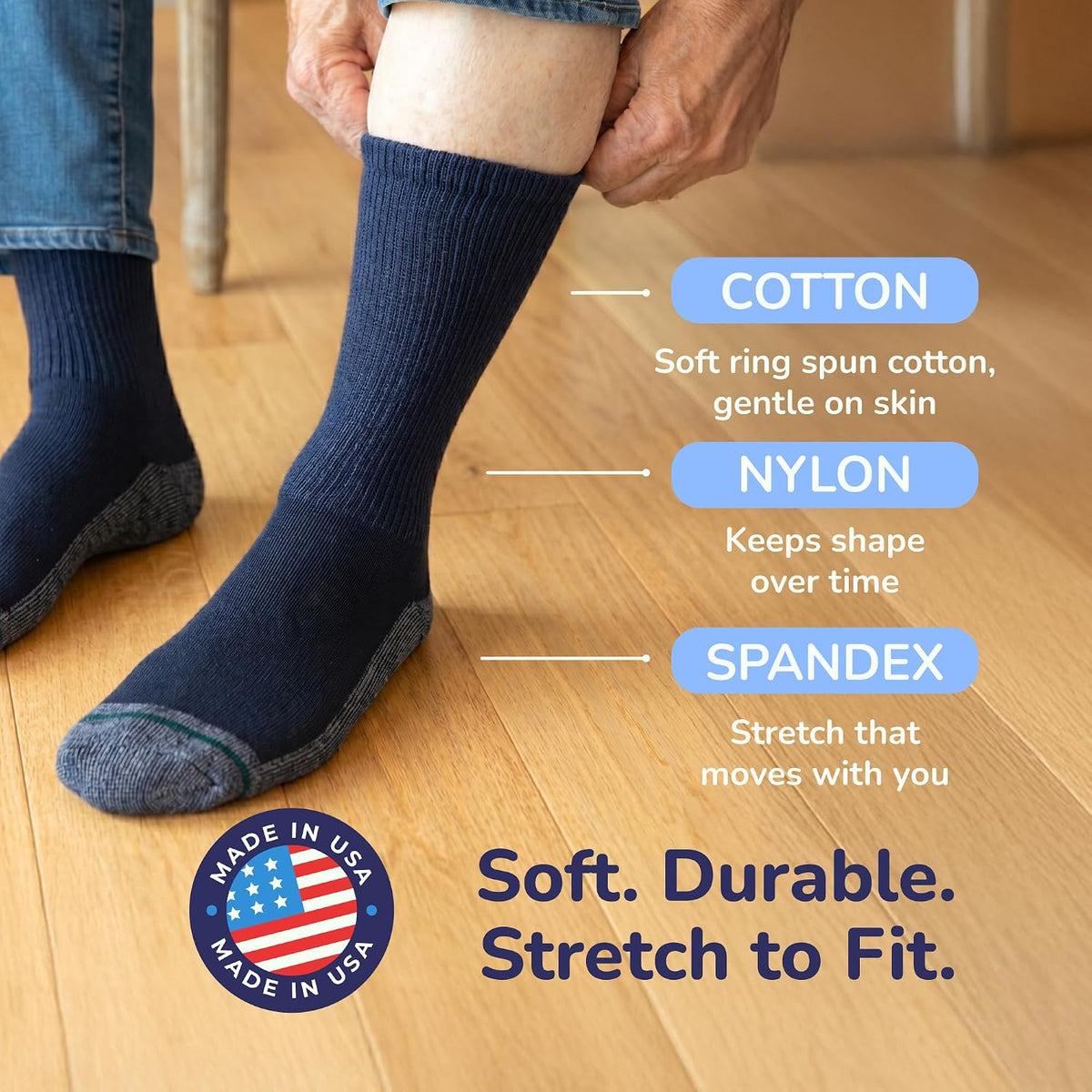 Loose Fit Stays Up Men's and Women's Casual Crew Socks (Pack of 1) Made in USA! Cushioned Sole