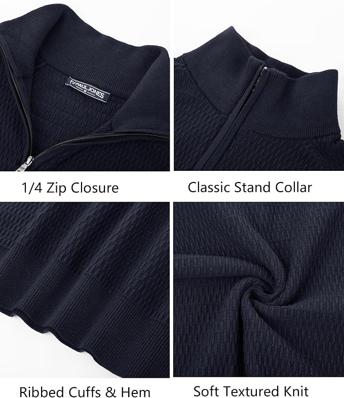 PJ PAUL JONES Mens Quarter Zip Textured Dress Sweaters | Raglan Long Sleeve, Ribbed Mock Neck Collar, Half Zip Pullover, Slim Fit, Formal Style, Fall Winter Wear, Suéter Para Hombre