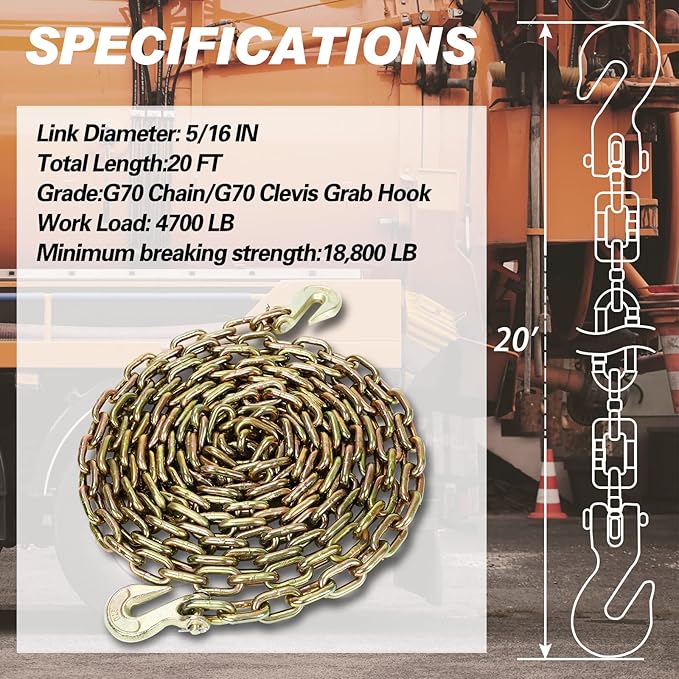 516" x 20' Grade 70 Transport Binder Chain with G70 Clevis Grab Hooks 4,700 Safe Working Load for Load Tie-Down Fixed Cargo Flatbed Truck Trailer Chain-1Pack