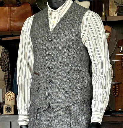 Mens Vintage Classic Herringbone Pattern Suit Vest V Neck Casual Wool Blend Waistcoat for Men
