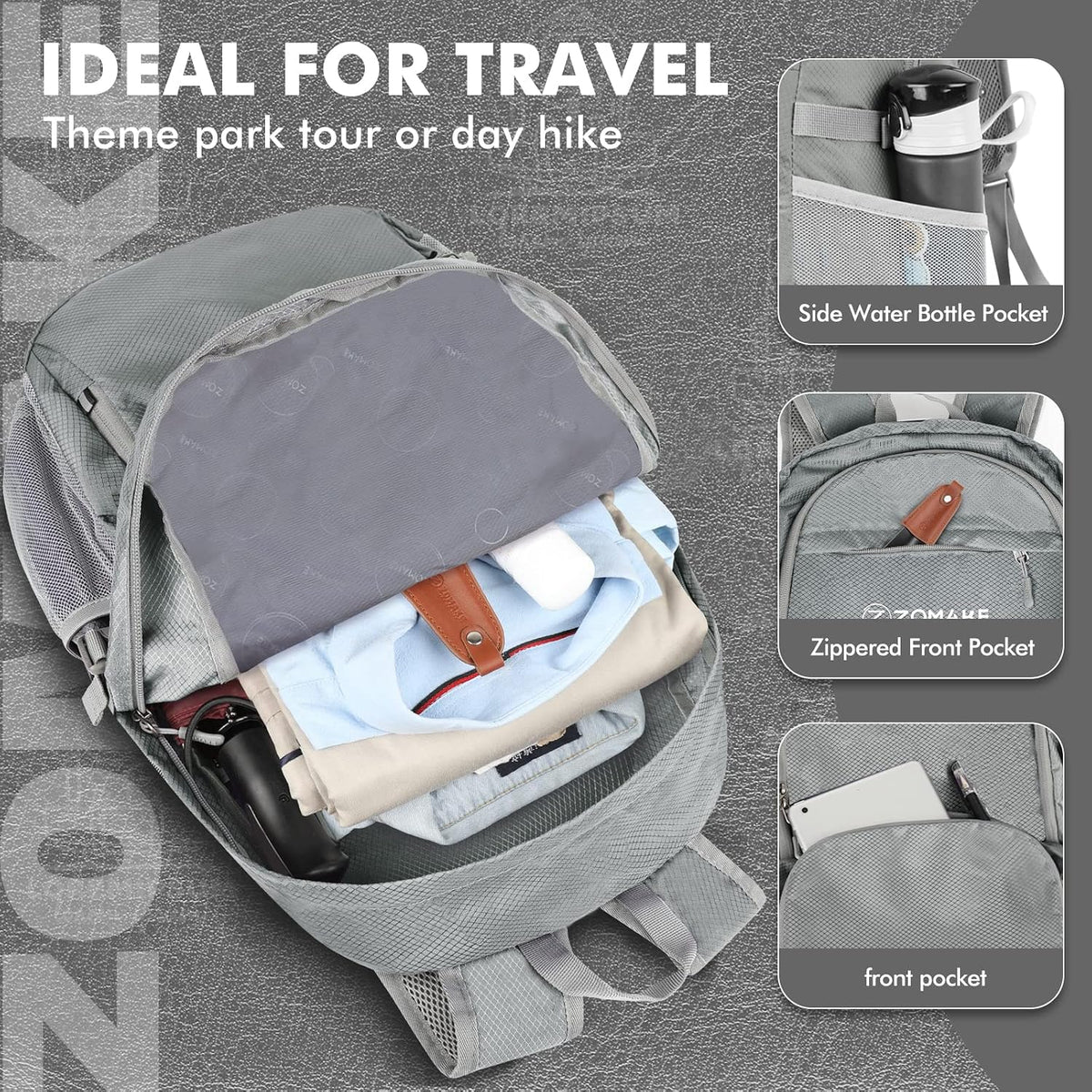 ZOMAKE Lightweight Packable Backpack 30L, Foldable Hiking Backpacks Water Resistant Compact Folding Daypack for Travel(Sliver Grey)