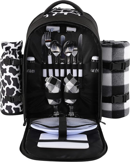 apollo walker Picnic Backpack Bag for 2 Person with Cooler Compartment, Detachable BottleWine Holder, Fleece Blanket, Plates and Cutlery Set (2 Person, Black)