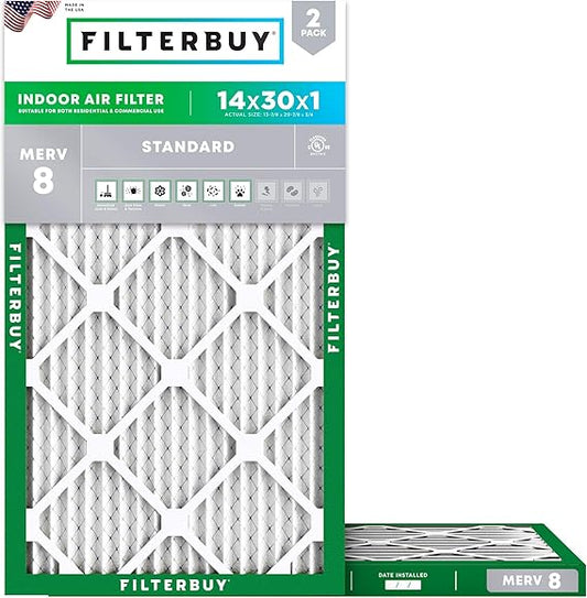 Filterbuy 14x30x1 Air Filter MERV 8 Dust Defense (2-Pack), Pleated HVAC AC Furnace Air Filters Replacement (Actual Size: 13.69 x 29.69 x 0.75 Inches)