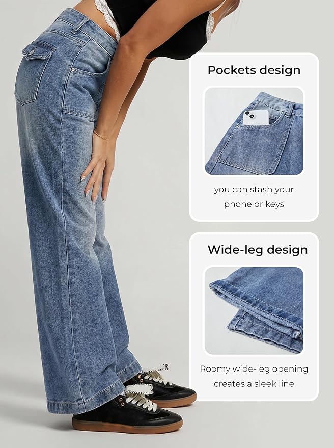 Size 8-10 US EMMIOL Baggy Jeans Women High Waisted Wide Leg Jeans | Patchwork Pockets,Y2K Boyfriend Denim Pants,Back to School Outfits for women