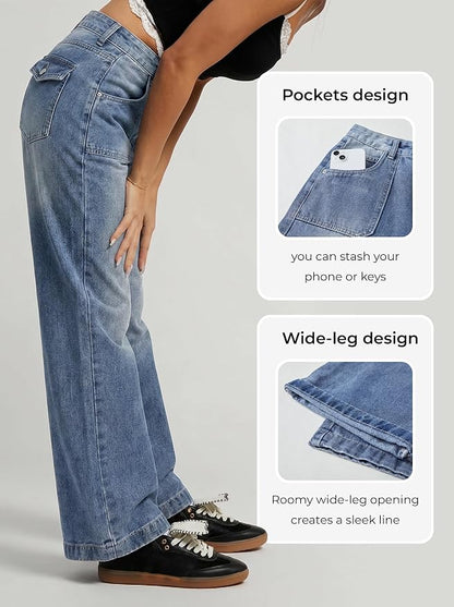 Size 8-10 US EMMIOL Baggy Jeans Women High Waisted Wide Leg Jeans | Patchwork Pockets,Y2K Boyfriend Denim Pants,Back to School Outfits for women