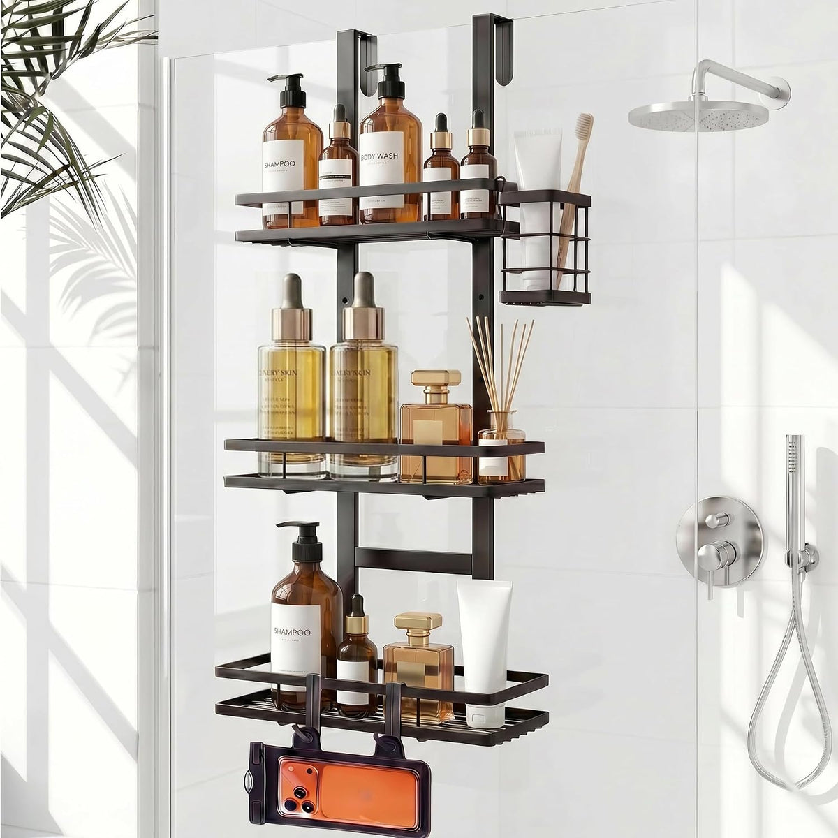 Over the Door Shower Caddy Hanging, Rustproof Shower Shelves with Waterproof Phone Pouch, 3-Tier Adjustable Bathroom Organizers and Storage, No Drilling Shower Shelf, Black Shampoo Soap Holder