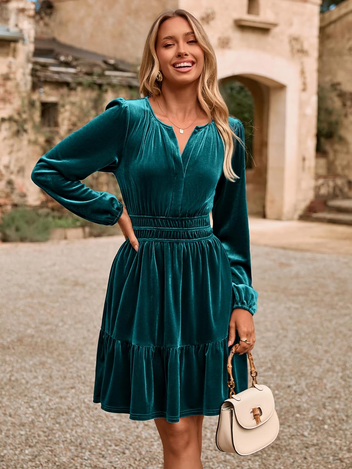 Simplee Womens Velvet Dress 2025 Fall Cocktail Long Sleeve Empire V Neck Wedding Guest Holiday Mini Dresses with Pockets