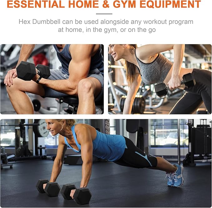 Hex Dumbbells Rubber Coated Hand Weights Pairs for Exercises and Fitness, Multiple Sizes