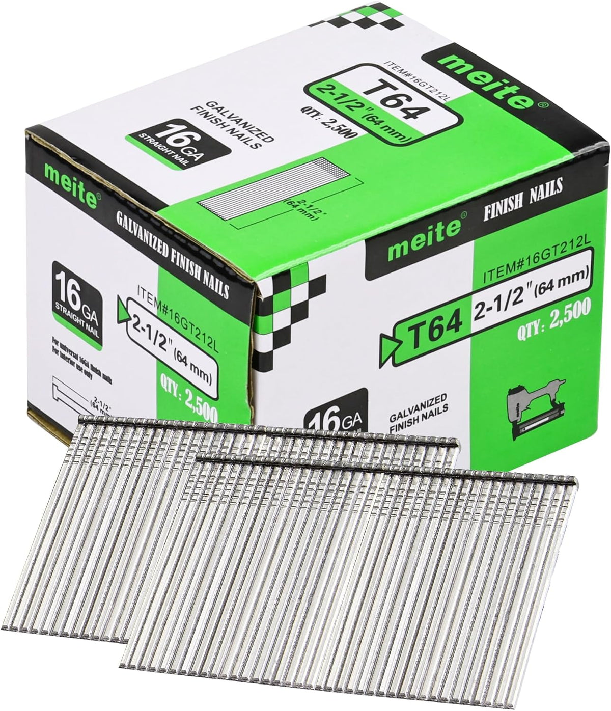 meite 16 Gauge Finish Nails 2-1/2 Inch Galvanized Straight Finish Nails for Pneumatic Cordless Finish Nailer Gun, Small T-Head Trim Nails for Baseboard Crown Molding Cabinet Casing, 1 Box/2500PCS