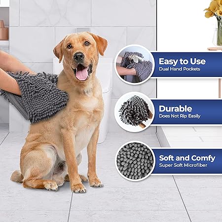Muddy Mat Doggy Dryer, Highly Absorbent Microfiber Washable Dog Shammy Quick Drying Towel Absorber - Extra Soft Plush Wrap Chenille Bath Towels to Dry Soggy Large Pets  Small Puppy-Grey 13"x31"