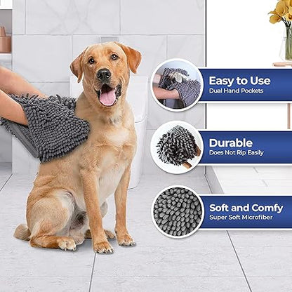 Muddy Mat Doggy Dryer, Highly Absorbent Microfiber Washable Dog Shammy Quick Drying Towel Absorber - Extra Soft Plush Wrap Chenille Bath Towels to Dry Soggy Large Pets  Small Puppy-Grey 13"x31"
