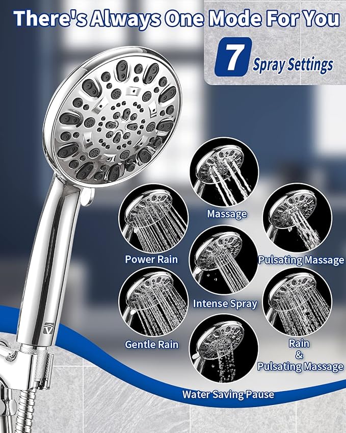 High Pressure Handheld Shower Head VMASSTONE 7-Spray Setting Showerhead Kit with 59" Stainless Steel Hose and Adjustable Mount for Showering Enjoyment Even at Low Water Flow (HM-002 Chrome)
