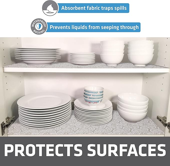 Drymate Luxury lining for shelves and drawers, thick padded fabric, non-adhesive, absorbent, waterproof, non-slip, kitchen cabinet liners, cabinets (made in USA) (12 x