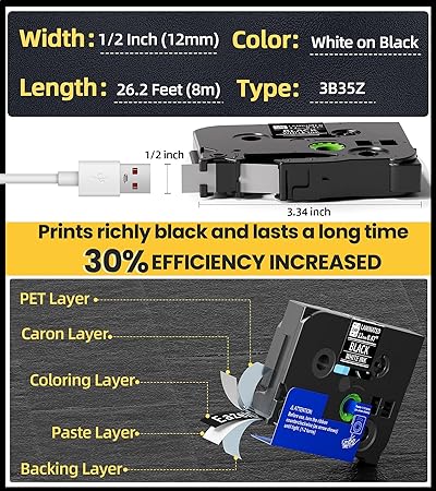 TZe-335 Label Tape Replacement for Brother P Touch Label Tape TZe TZ Tape 12mm 0.47 Laminated Black Label Maker Tape TZe335 for Brother PT-D210 PT-D220 PT-H110 Labeler, White on Black 4-Pack
