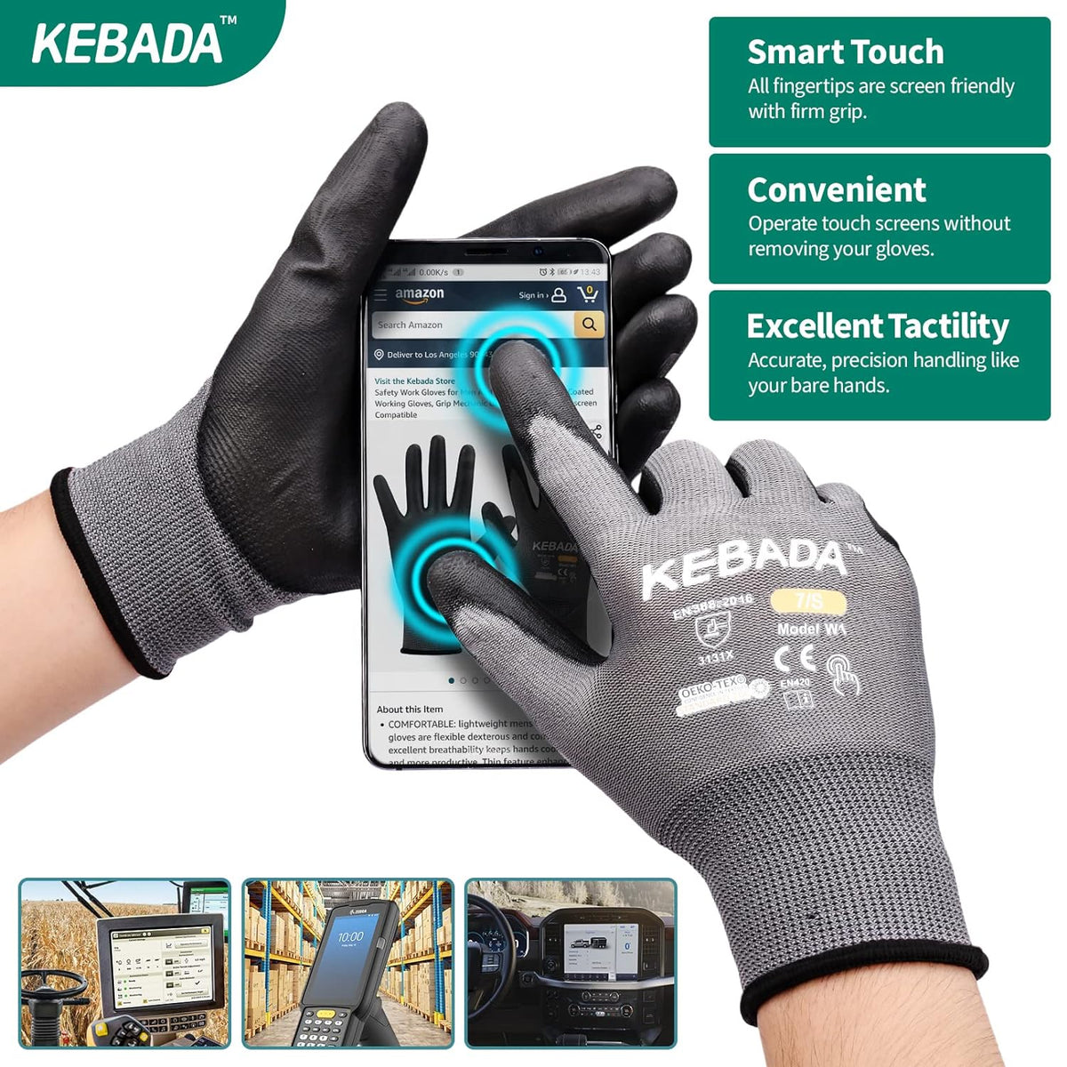 Kebada W1 Work Gloves for Men and Women, PU Coated Safety Gloves with Grip, Touchscreen, Ideal for Warehouse Package Handling, Construction, Gardening, 9 Pairs Gray Large