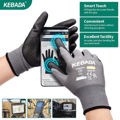 Kebada W1 Work Gloves for Men and Women, PU Coated Safety Gloves with Grip, Touchscreen, Ideal for Warehouse Package Handling, Construction, Gardening, 9 Pairs Gray Large