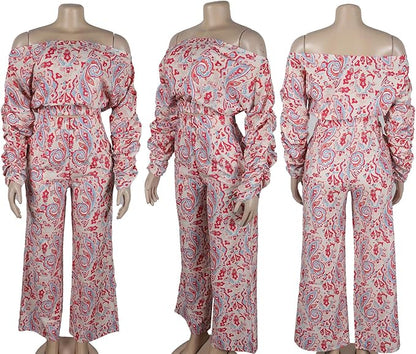 Yuopeid Women's Floral 2 Piece Outfit Loose Off Shoulder Long Sleeve Ruched Top and Elastic Wide Leg Pant with Pockets