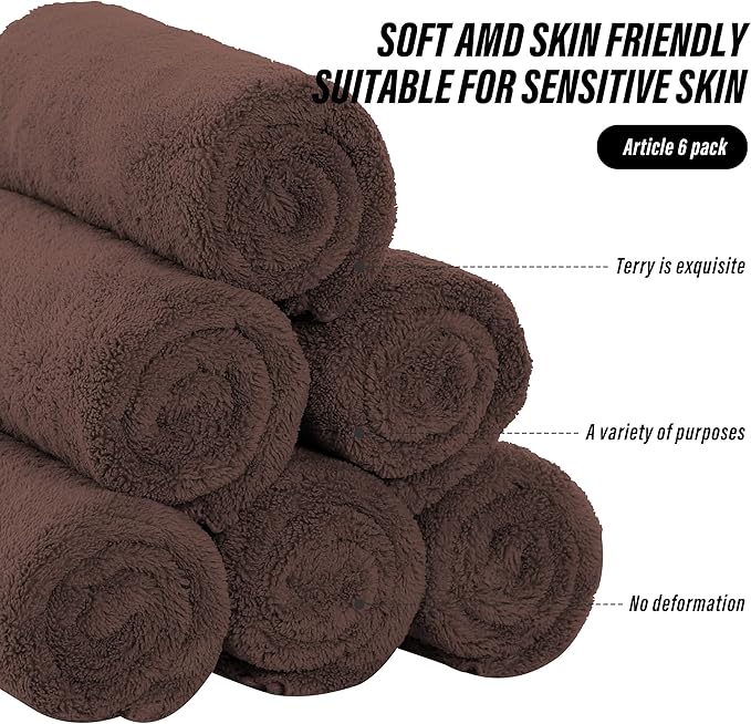 MOONQUEEN 6 Pack Premium Hand Towels - Quick Drying - Microfiber Coral Velvet Highly Absorbent Towels - Multipurpose Use as Hotel, Bathroom, Shower, Spa, Hand Towel 16 x 28 inches (Wood Brown)