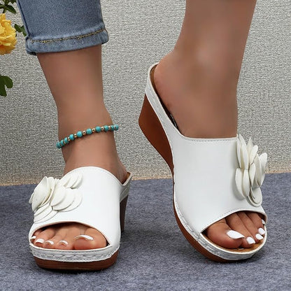 Ladies Flower Sandal Slippers Summer Slope Heel Fish Mouth Women's Casual Roman High Heel Womens Summer Sandals Aerosols