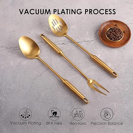 Gold Kitchen Utensils Set - 1810 Stainless Steel Cooking Tools, 15" All Metal Serving Utensils with Fork, SolidSlotted Spoon, Spatula, Ladle, Skimmer, Tunner, Pasta Spoon, Large Spoon, Set of 9