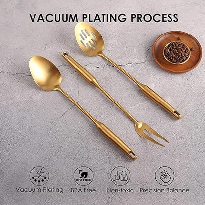Gold Kitchen Utensils Set - 1810 Stainless Steel Cooking Tools, 15" All Metal Serving Utensils with Fork, SolidSlotted Spoon, Spatula, Ladle, Skimmer, Tunner, Pasta Spoon, Large Spoon, Set of 9
