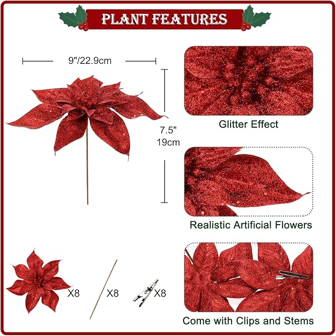 Briful 9'' Christmas Poinsettia Flowers 8PCS Red Glitter Artificial Flowers Large Christmas Ornament Flowers for Xmas Tree Wreath Garland Decoration
