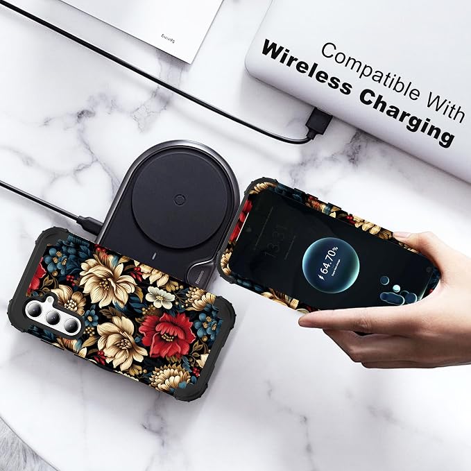 SleekCover 3 in 1 Floral Case for Galaxy A15 Case,6.5" Black Flower | 3 in 1 Floral Pattern Soft Silicone Rubber Bumper+Hard Plastic Protective Samsung Galaxy A15 Case