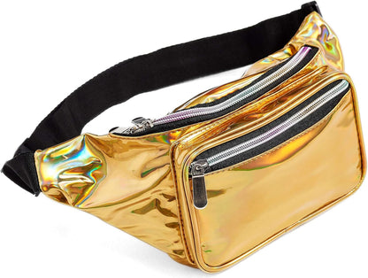 Holographic gold fanny pack, perfect for festivals, parties, and outdoor adventures, waterproof, adjustable, and spacious. Others are loving it!