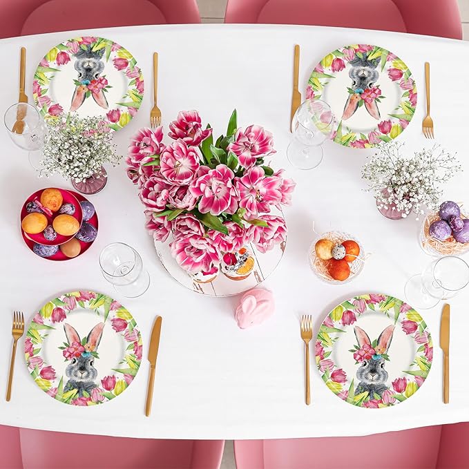 AnyDesign Easter Paper Plates Disposable Tulip Bunny Plates 9 Inch Flower Rabbit Tableware Dessert Plates for Spring Holiday Party Table Decor Supplies, 24Pcs