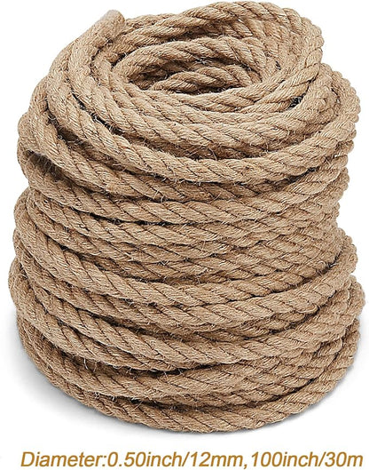 100 Feet 1/2 Inch Jute Rope, 12mm Thick Natural Hemp Rope, 3 Ply Twisted Braided Manila Nautical Rope Hemp Twine Cord for Crafts Gardening Bundling Decorating Camping