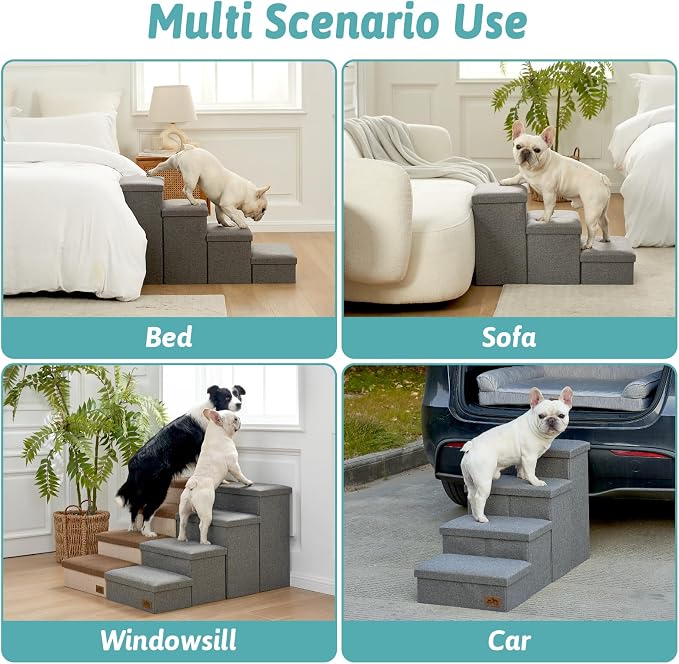 Dog Stairs with Storage 22" H, 4-Step Wider Dog Steps, Up to 180 lbs, Grey