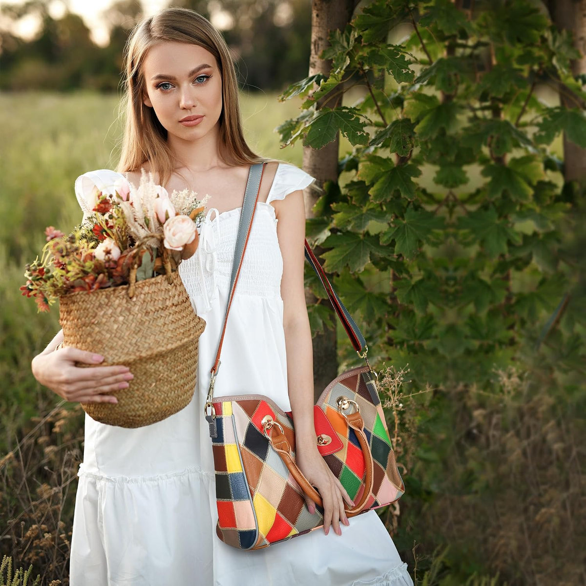 HESHE Genuine Leather Handbags Colorful Purses for Women Crossbody Bag Multi-color Tote Purse Designer Hobo Shoulder Bag