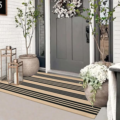 Striped Outdoor Front Door Mat 24"x51", Cotton Hand Woven Washable Black and Khaki Rug Runner, Reversible Foldable Indoor Layered Front Door Rugs for EntrywayFarmhouseHome Entrance