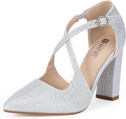 IDIFU Women's IN4 Chunky High Heels Pumps Closed Toe Block Strappy Heels | Prom Wedding Party Office Work Formal Pointed Toe Dress Shoes for Women
