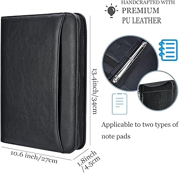 IVESIGN Zippered Padfolio Binder, Faux Leather Organizer with 3-Ring Binder, Left-Handed Design, Business Card Slots  Document Folders - Professional Padfolio for Office (Black)