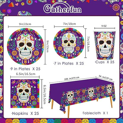 Day of the Dead Party Supplies Kit Serve 25, Includes Disposable Sugar Skull Dinner Plates, Dessert Plates, Napkins, Cups and Tablecloth, DÃ­a de los Muertos Party Decorations