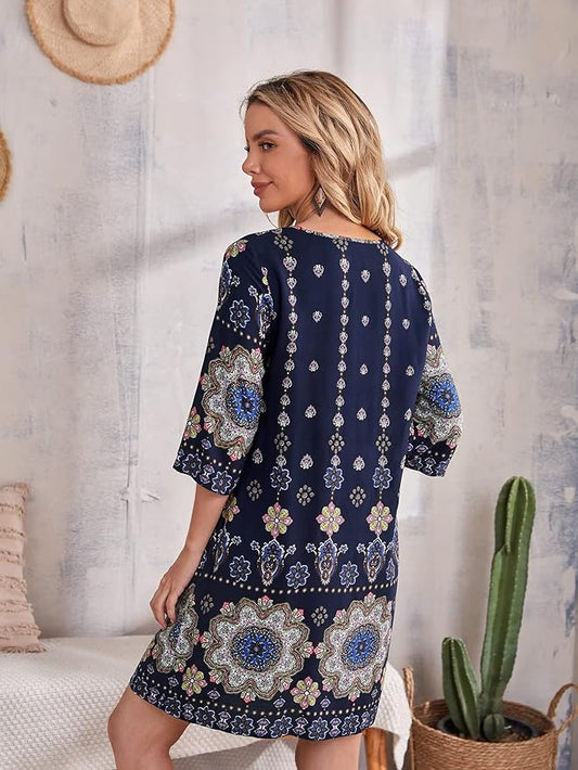 Women's Dress Dresses for Women Mandala Print Tassel Tie Tunic Dress (Color : Multicolor, Size : XX-Large)