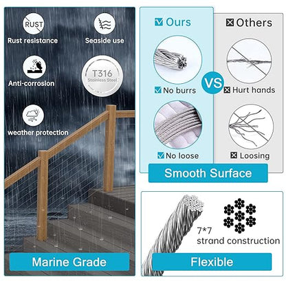Muzata 600 ft 18" Stainless Steel Cable Railing System Hardware T316 Stainless Steel Wire Rope 7x7 Strands 1800 lb Breaking Strength Deck Cable Railing Kit for Indoor Outdoor Coastal WR02
