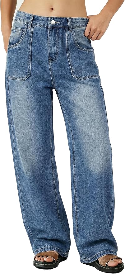 Size 8-10 US EMMIOL Baggy Jeans Women High Waisted Wide Leg Jeans | Patchwork Pockets,Y2K Boyfriend Denim Pants,Back to School Outfits for women