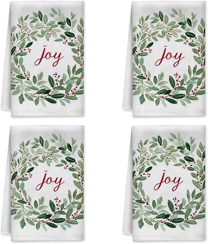 Joy Kitchen Towels, Christmas Rustic Leaves Berries Christmas Green Drying Kitchen Hand Towels New Home Essentials 16x24 Inch (Set of 4)