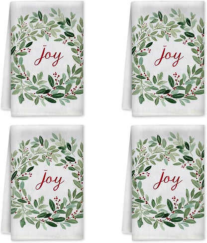 Joy Kitchen Towels, Christmas Rustic Leaves Berries Christmas Green Drying Kitchen Hand Towels New Home Essentials 16x24 Inch (Set of 4)