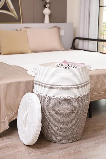 26"x20" Tall Extra Large Storage Basket with Lid, Cotton Rope Storage Baskets, Woven Hamper with Cover, Clothes Bin, WhiteDeep Camel White Mix