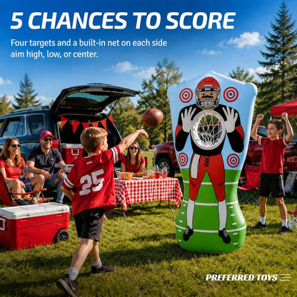 Preferred Toys 65” Inflatable Football Target Net Toss Game - Double-Sided Throwing Practice Football Stuff with Mini Balls - Backyard Tailgate Party Sports Toy for Kids & Adults