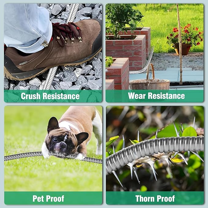 75Ft Metal Garden Hose durable stainless steel Water Hose, flexible, lightweight hose is resistant to kinks and tangles.With 10-way nozzle, strong 34 metal fittings, and a Stop Valve.