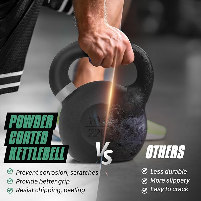 Yes4All Powder Coated Kettlebell, Cast Iron Core Kettlebells with Non-Slip Handle & Flat Bottom for Conditioning, Heavy Duty for Strength Training, 9lb to 71lb - Single
