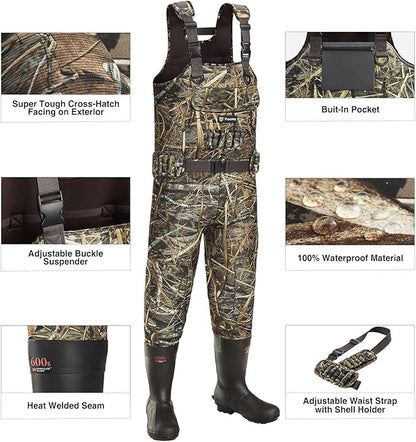 TIDEWE Hunting Waders with Boot Hanger & 600G Insulation, Waterproof Cleated Neoprene Bootfoot Fishing Chest Waders