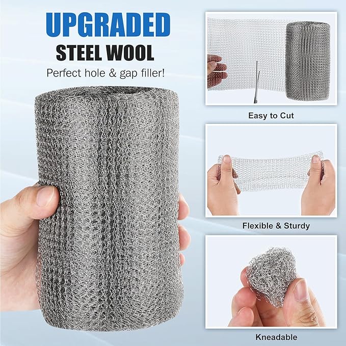 Valchoose Upgraded Not Rusty 5X 30 Ft Stainless Steel Mesh Gap Blocker, Flexible Stainless Steel Wool Holding up Well Tight Spots, Wire Mesh Hole Fill Fabric, Stainless Steel Mesh Roll Easy to Work